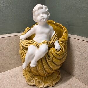 Brody Ceramic Cherub Shell Planter N-270 Yellow White‎ Mid Century Cornucopia